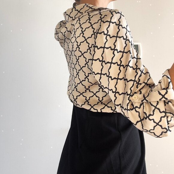 Black & cream silk satin tie geometric pattern button up pencil dress | Size M - Picture 5 of 7